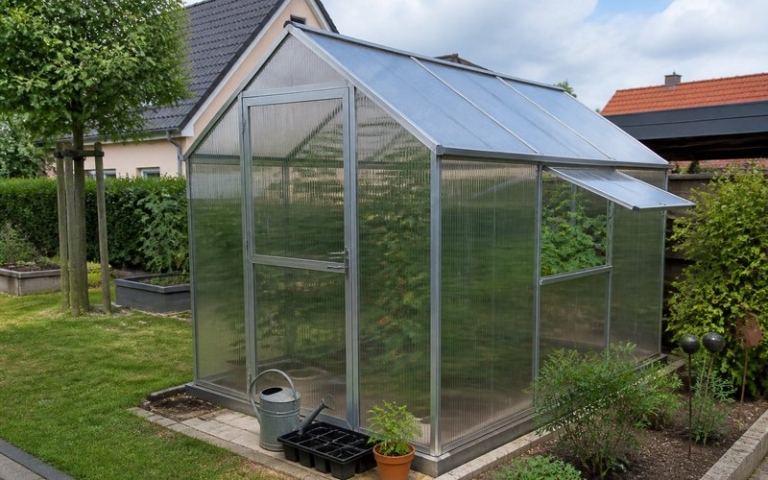Gewächshaus aus Aluminium mit Hohlkammerplatten im Garten