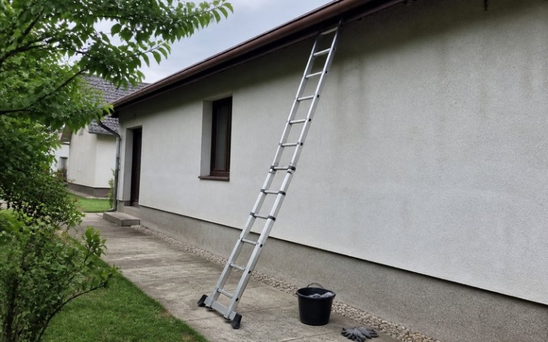 Ausziehleiter an der Hauswand angelehnt