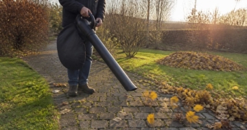Laubsauger saugt Herbstlaub vom Gartenweg