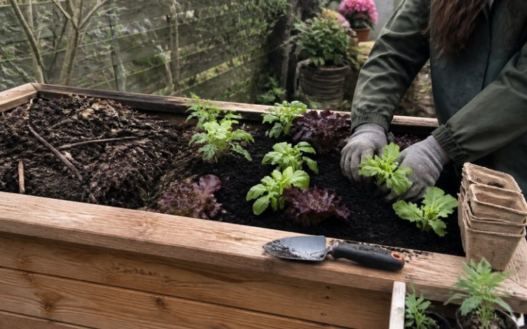 Hochbeet aus Holz wird mit Salat- und Kräuterjungpflanzen bepflanzt