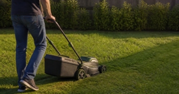Akku-Rasenmäher mit Fangkorb auf einem Rasen im Garten