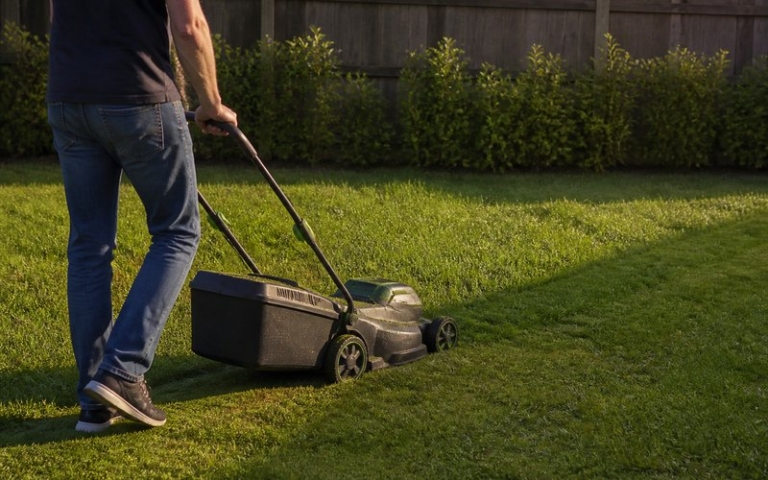 Akku-Rasenmäher mit Fangkorb auf einem Rasen im Garten